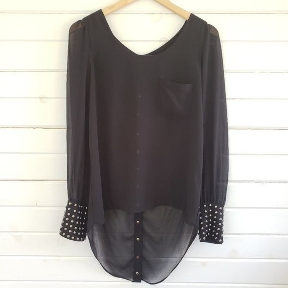 Double zero semi sheer snap back hi low blouse with metal studded cuffs …